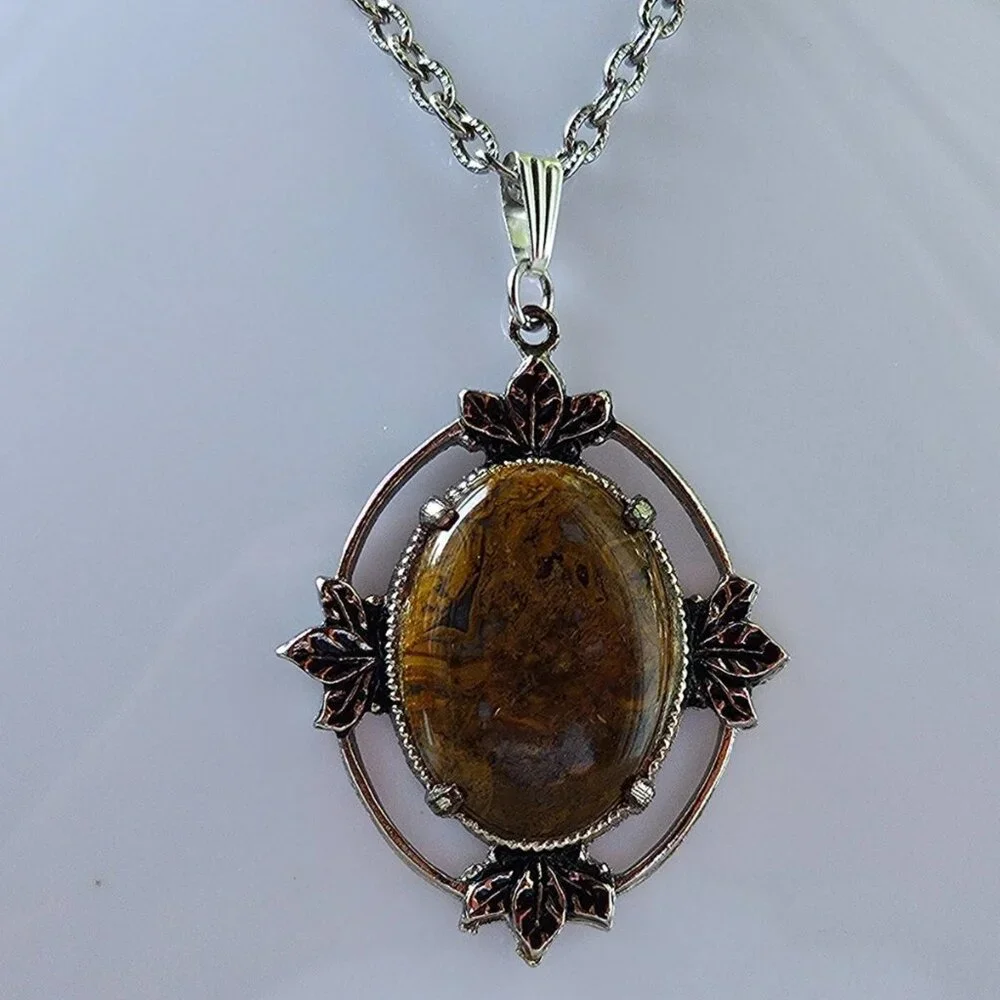 Vintage Pendant Women Necklace Brown Stone Silver Tone Chain Fashion Jewelry - Picture 3 of 12